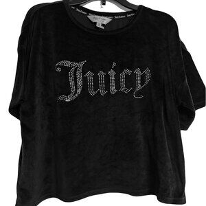 Juicy Couture Black Velour Crop Top Size M Rhinestone Logo Y2K Aesthetic